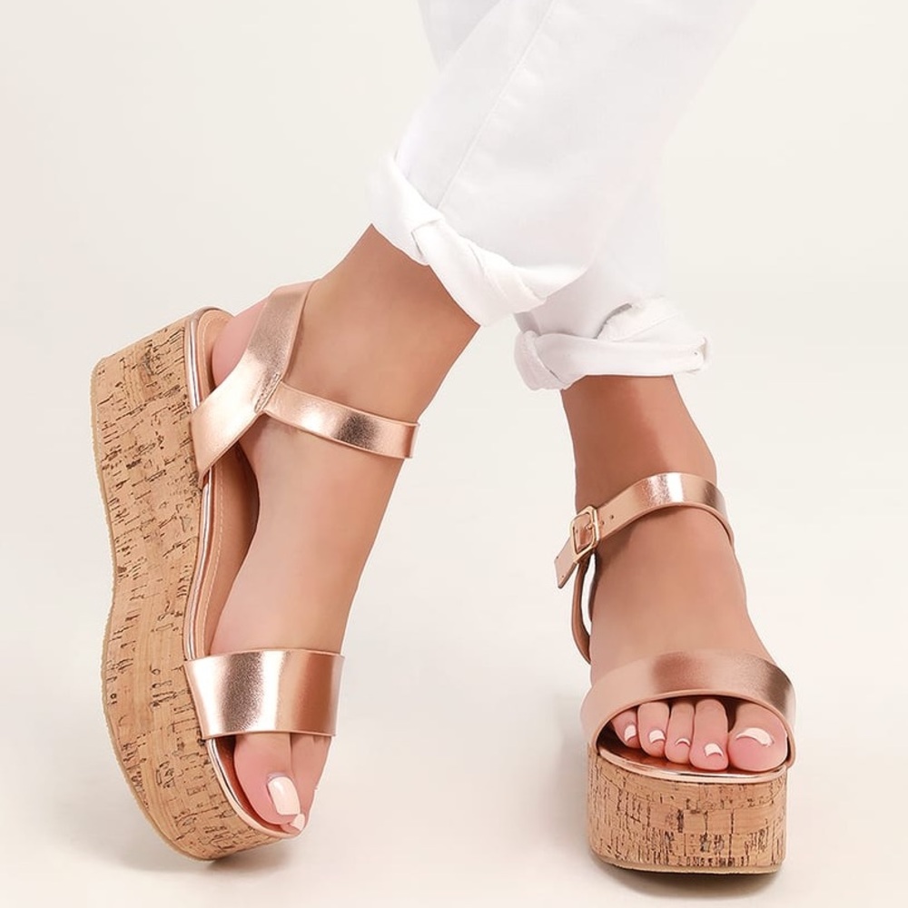 Lulus Rose Gold Platform Cork Sandal